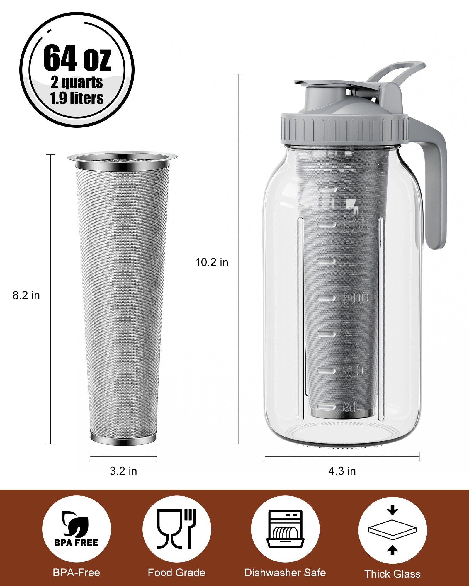 VA1KENE 64oz Cold Brew Coffee Pitcher Ice Coffee Maker with Spout, Handle & Stainless Steel Filter Coffee Maker with lid for Home Kitchen-Gray