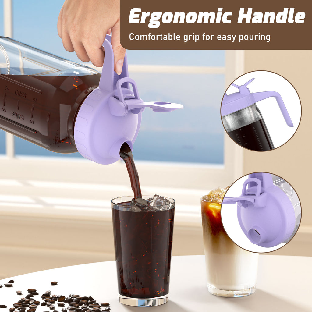 VA1KENE Cold Brew Coffee Maker 64oz Cold Brew Pitcher with Stainless Steel Filter Mason Jar Pitcher Pour Spout Handle Lid for Iced Coffee Tea Lemonade Purple