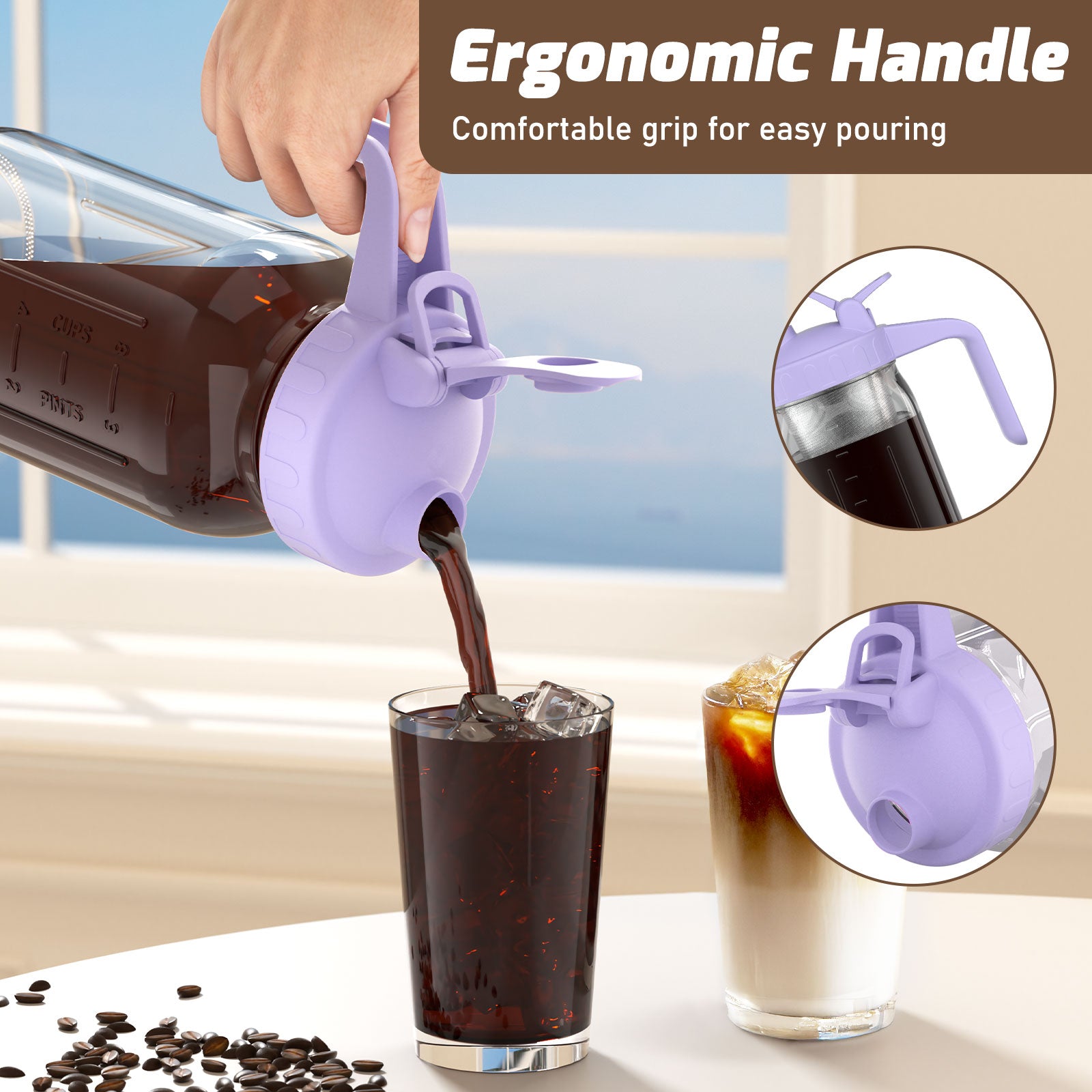 VA1KENE Cold Brew Coffee Maker 64oz Cold Brew Pitcher with Stainless Steel Filter Mason Jar Pitcher Pour Spout Handle Lid for Iced Coffee Tea Lemonade Purple