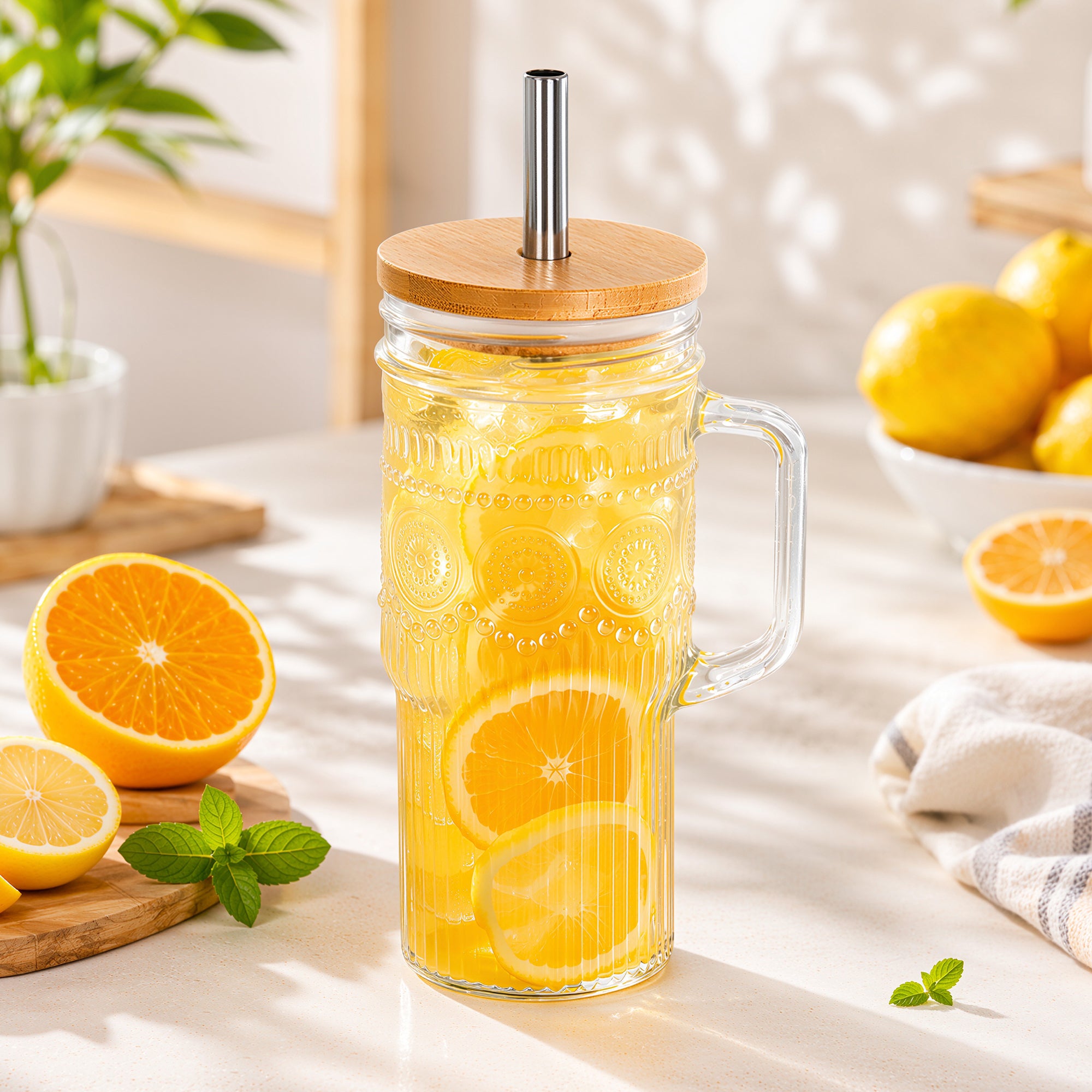 VA1KENE 22oz 2 Piece Glass Tumbler with Lids and Straws Bohemian Glass Drinking Cups with Handle for Juice Tea Smoothies