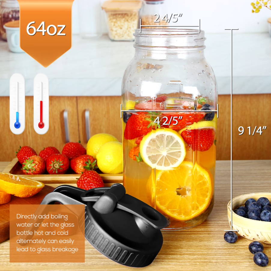 VA1KENE Glass Pitcher with Lid 64oz Mason Jar Tea Jar for Sun Tea, Beverage Jug with Spout and Handle for Lemonade, Iced Drinks-Black