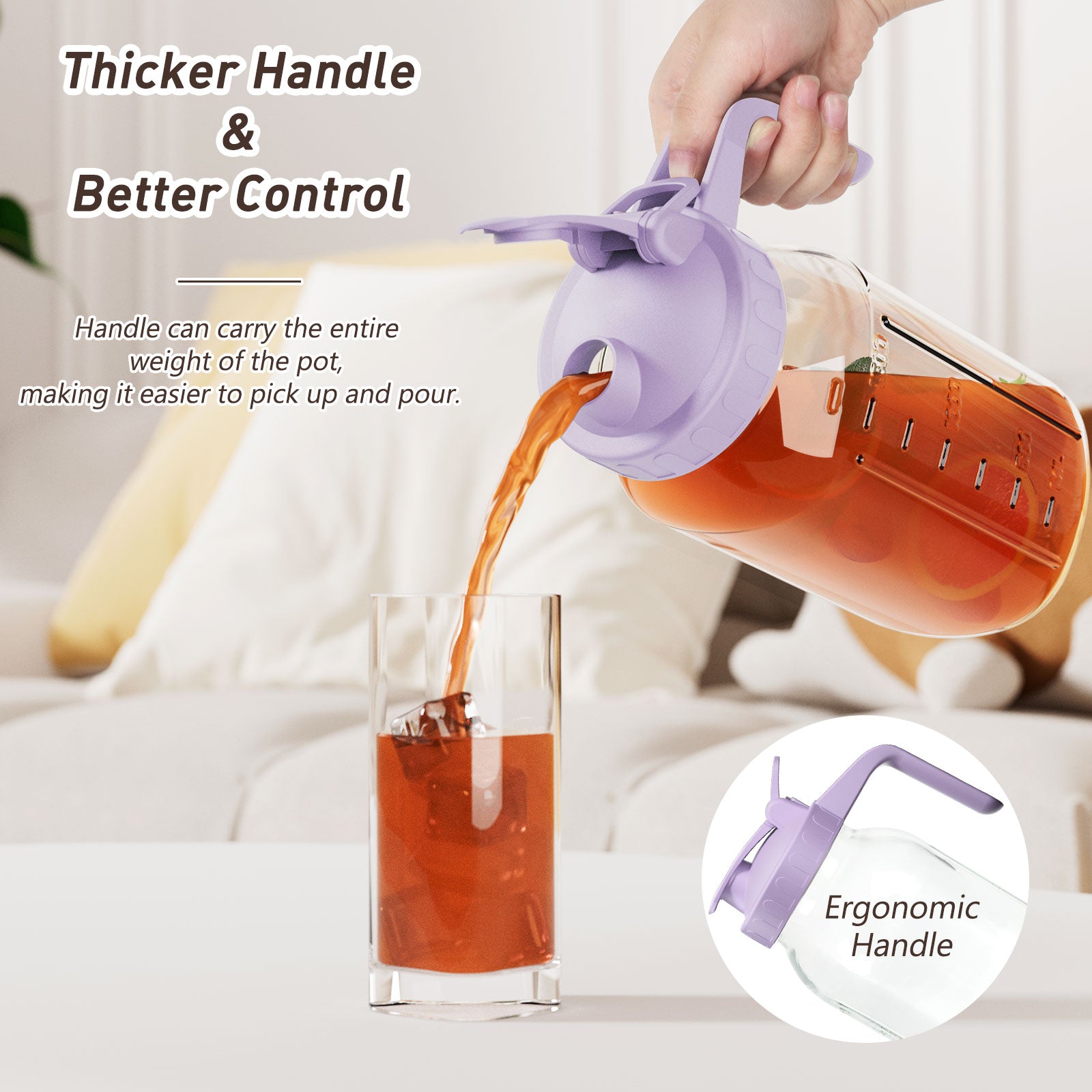 VA1KENE Glass Pitcher 64 oz Mason Jar Pitcher with Lid and Spout Leakproof for Drinks Juice Coffee Milk Tea Purple