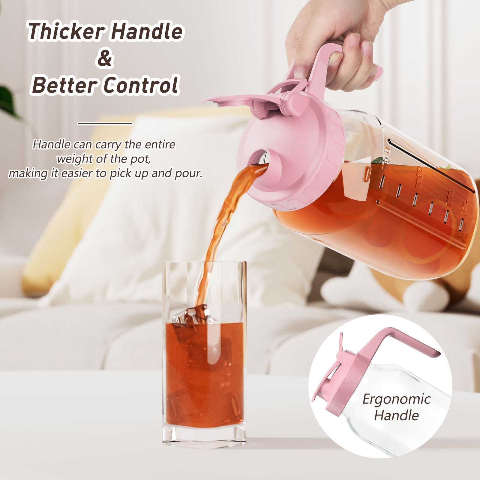 VA1KENE Mason Jar Pitcher 2 Quart Glass Pitcher with Lid and Pour Spout Leakproof for Juice Coffee Milk Beverages Tea Pink