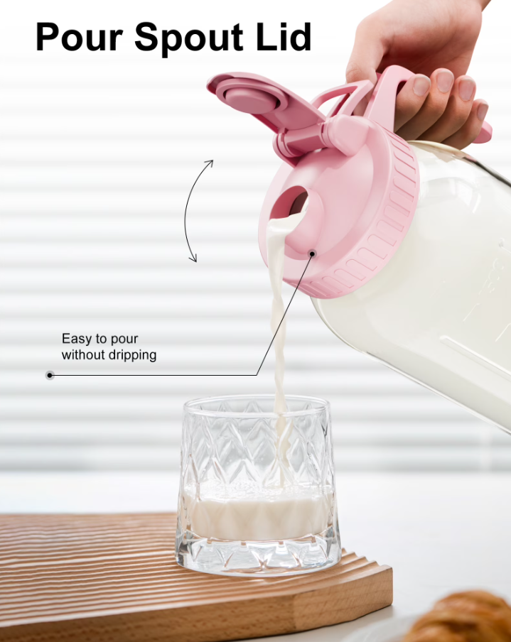 Breast Milk Pitcher 32oz Mason Jar with Wide Mouth and Handle-Pink Glass Pitcher with Flip Cap Lid and Pour Spout Airtight Seal for Cold Beverages