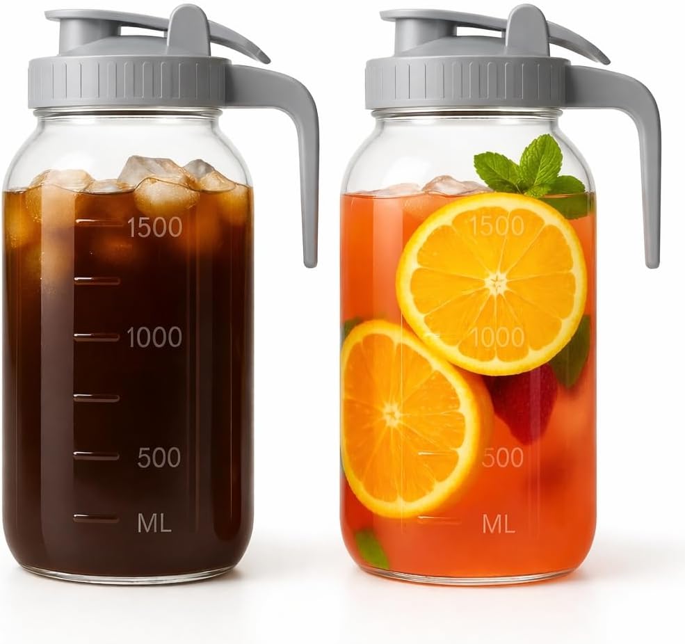 64oz Mason Jar Pitcher with Lid – Leakproof Glass Pitcher for Cold Brew, Iced Tea, Sun Tea & Fridge Storage | 2 Quart (1/2 Gallon)