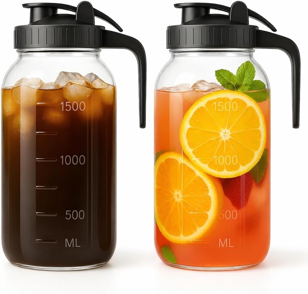 64oz Mason Jar Pitcher with Lid – Leakproof Glass Pitcher for Cold Brew, Iced Tea, Sun Tea & Fridge Storage | 2 Quart (1/2 Gallon)