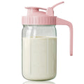 Breast Milk Pitcher 32oz Mason Jar with Wide Mouth and Handle-Pink Glass Pitcher with Flip Cap Lid and Pour Spout Airtight Seal for Cold Beverages