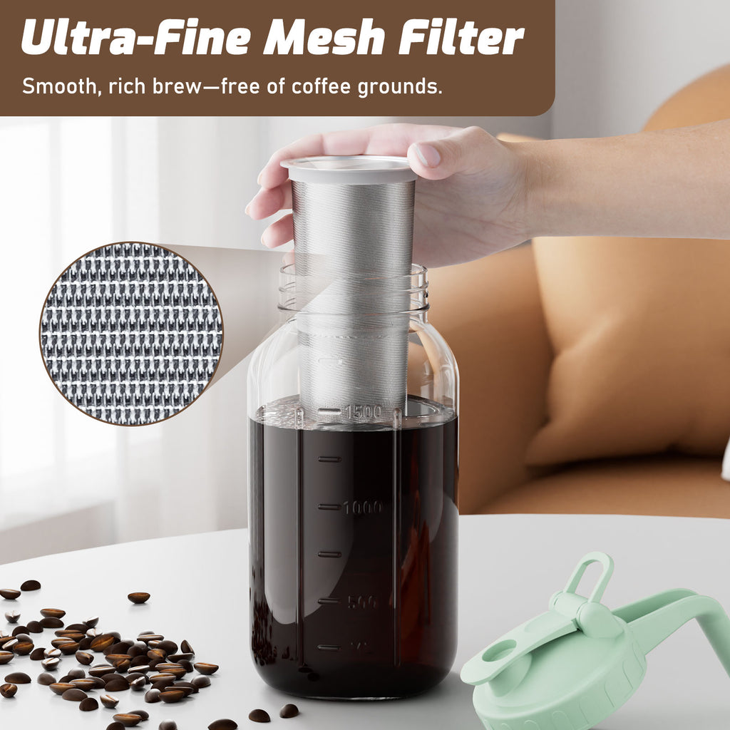 VA1KENE Cold Brew Coffee Pitcher 64oz Mason Jar Pitcher with Stainless Steel Filter Pour Spout Handle Lid Cold Brew Pitcher for Iced Coffee Tea Lemonade Green