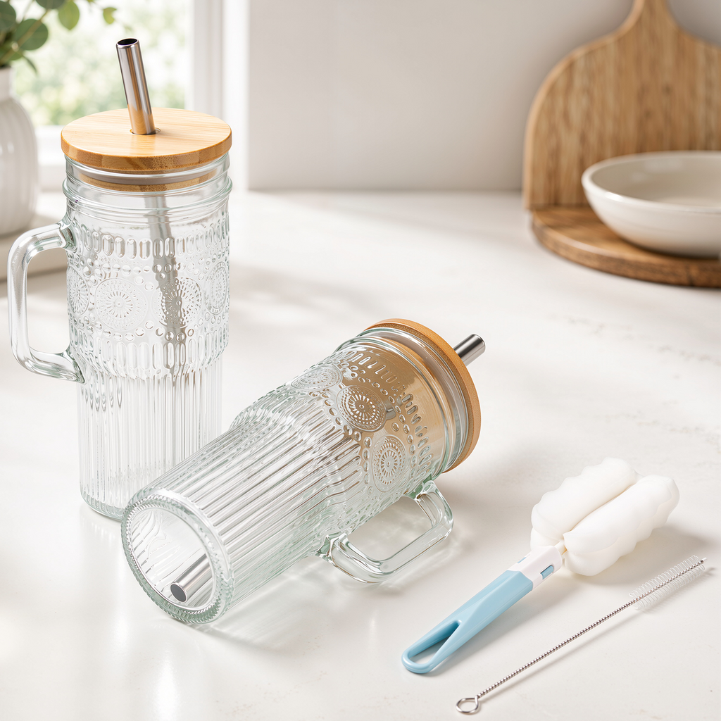 VA1KENE 22oz 2 Piece Glass Tumbler with Lids and Straws Bohemian Glass Drinking Cups with Handle for Juice Tea Smoothies