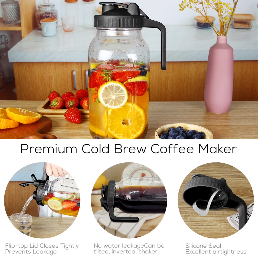VA1KENE Glass Pitcher with Lid 64oz Mason Jar Tea Jar for Sun Tea, Beverage Jug with Spout and Handle for Lemonade, Iced Drinks-Black