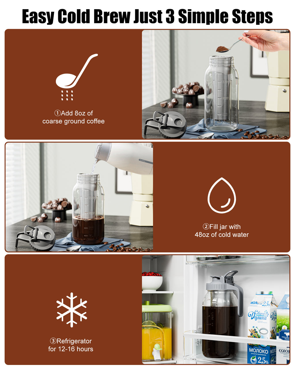 VA1KENE 64oz Cold Brew Coffee Pitcher Ice Coffee Maker with Spout, Handle & Stainless Steel Filter Coffee Maker with lid for Home Kitchen-Gray