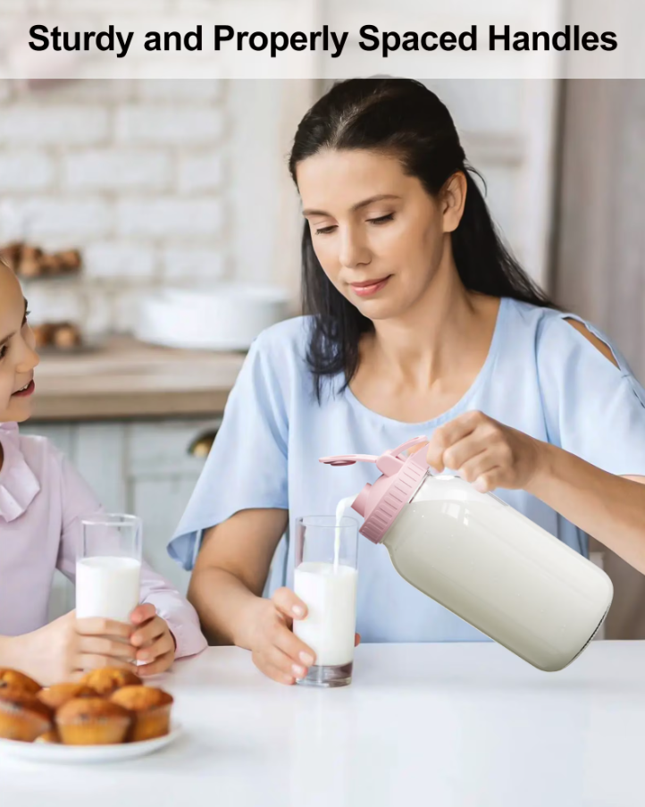 Breast Milk Pitcher 32oz Mason Jar with Wide Mouth and Handle-Pink Glass Pitcher with Flip Cap Lid and Pour Spout Airtight Seal for Cold Beverages