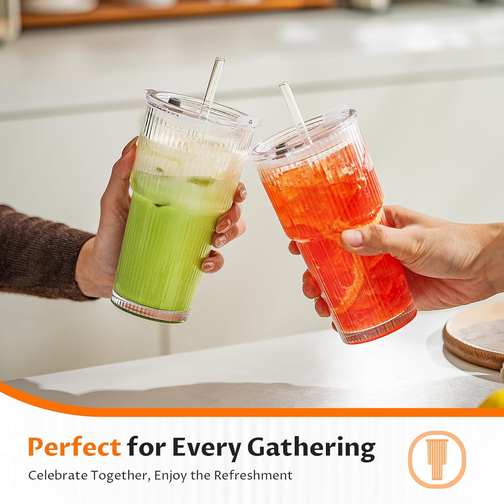Glass Tumblers with Lids and Straws – Reusable Drinking Glass Cups for Iced Coffee, Smoothies, Tea & Everyday Drinks