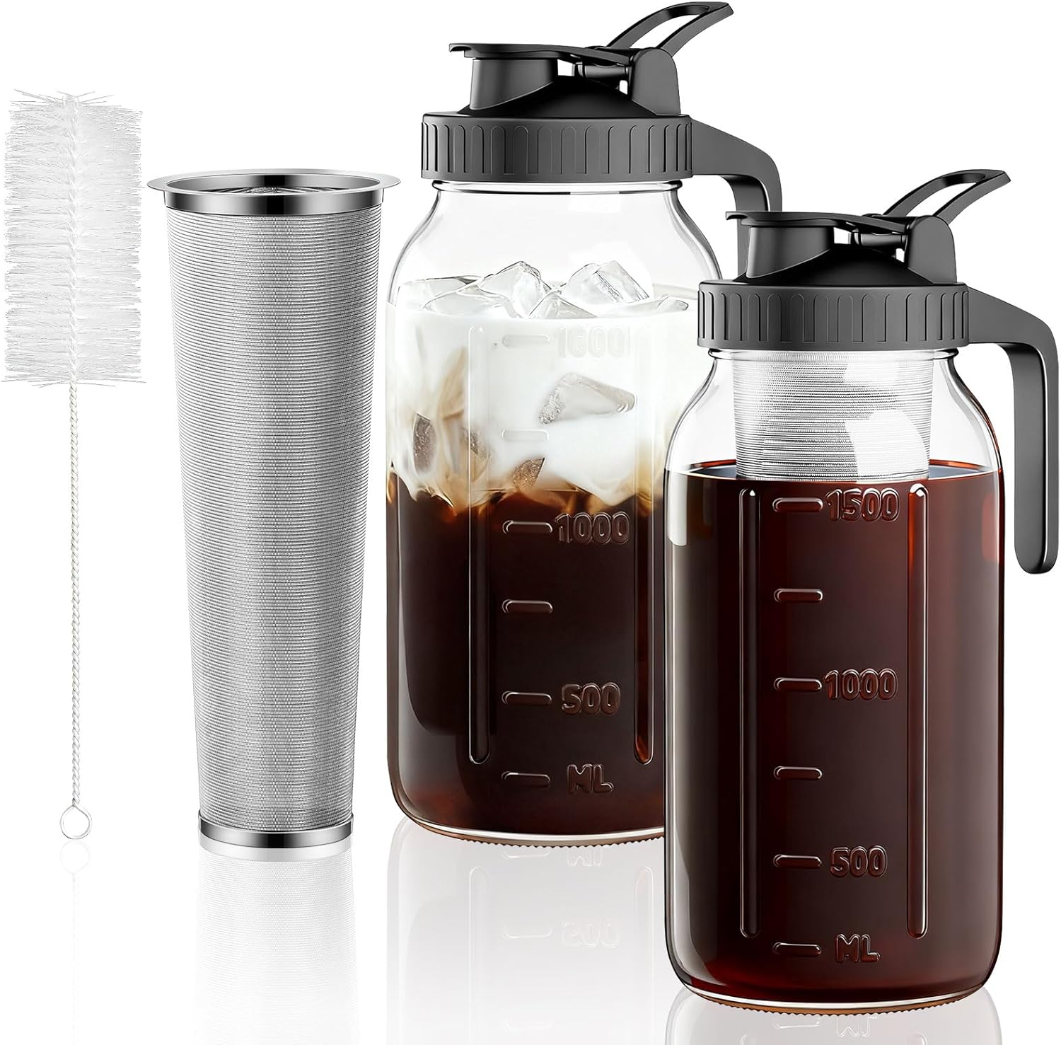 64oz Cold Brew Coffee Maker – Mason Jar Pitcher with Stainless Steel Filter, Leakproof Lid & Easy Pour Spout for Iced Coffee & Tea