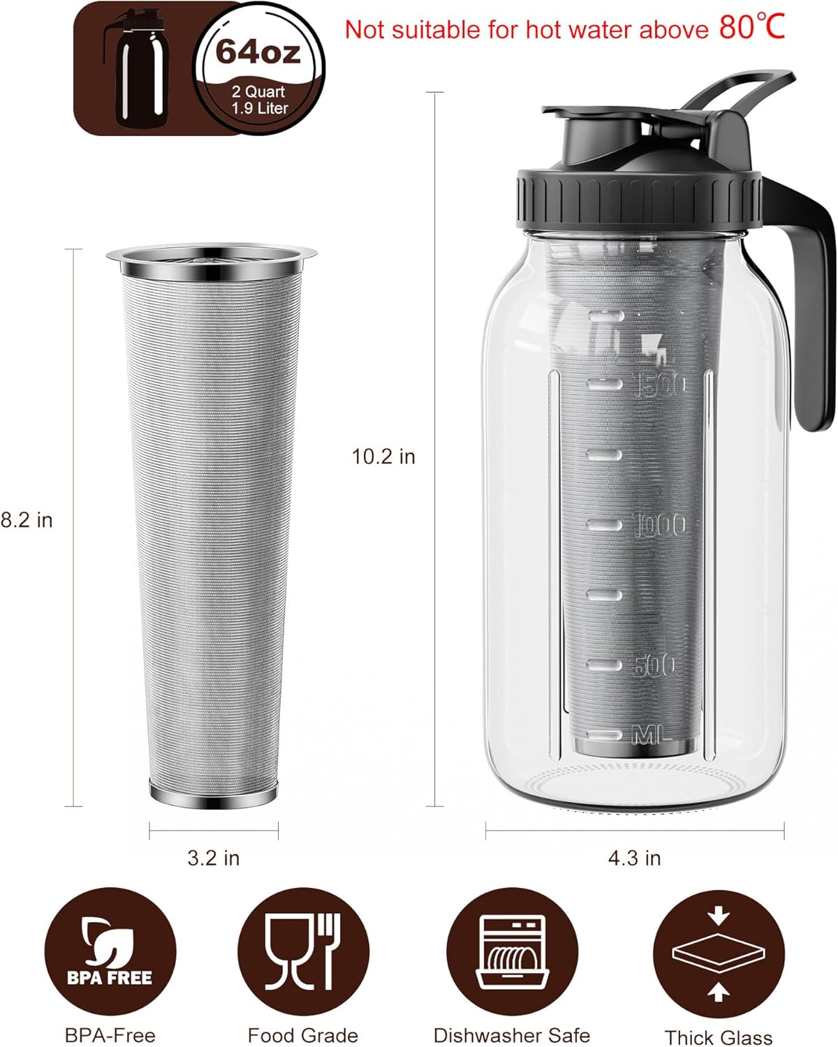 64oz Cold Brew Coffee Maker – Mason Jar Pitcher with Stainless Steel Filter, Leakproof Lid & Easy Pour Spout for Iced Coffee & Tea