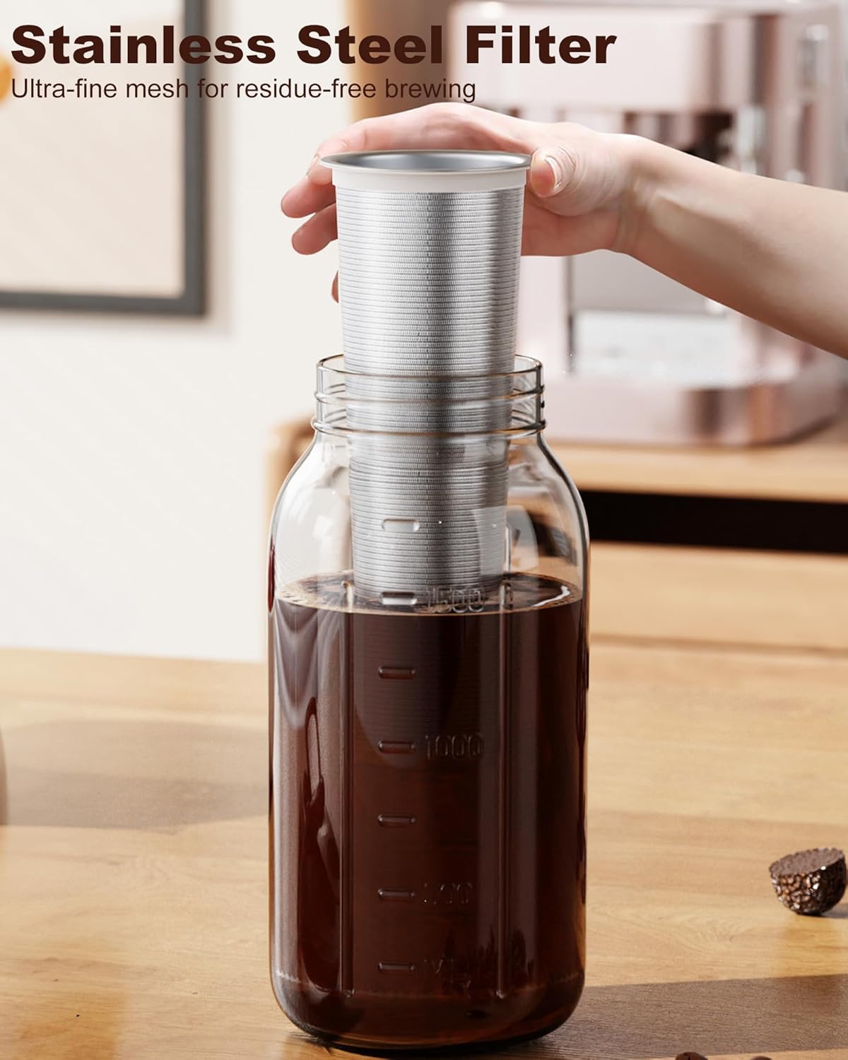 64oz Cold Brew Coffee Maker – Mason Jar Pitcher with Stainless Steel Filter, Leakproof Lid & Easy Pour Spout for Iced Coffee & Tea