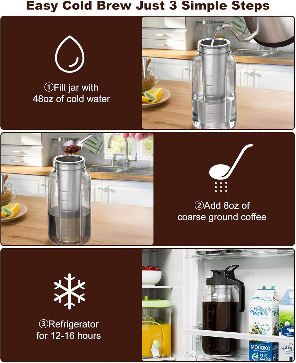 64oz Cold Brew Coffee Maker – Mason Jar Pitcher with Stainless Steel Filter, Leakproof Lid & Easy Pour Spout for Iced Coffee & Tea
