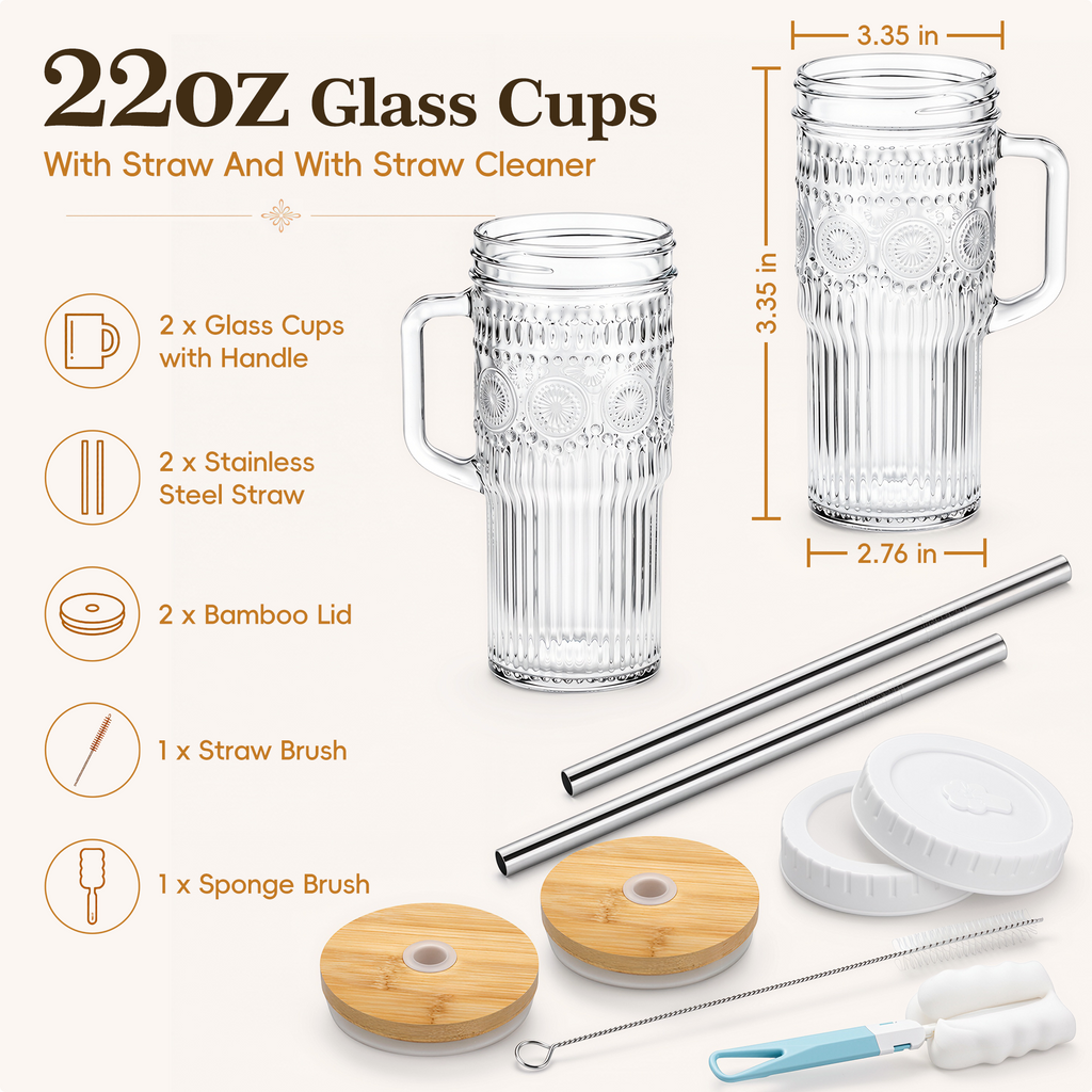 VA1KENE 22oz 2 Piece Glass Tumbler with Lids and Straws Bohemian Glass Drinking Cups with Handle for Juice Tea Smoothies