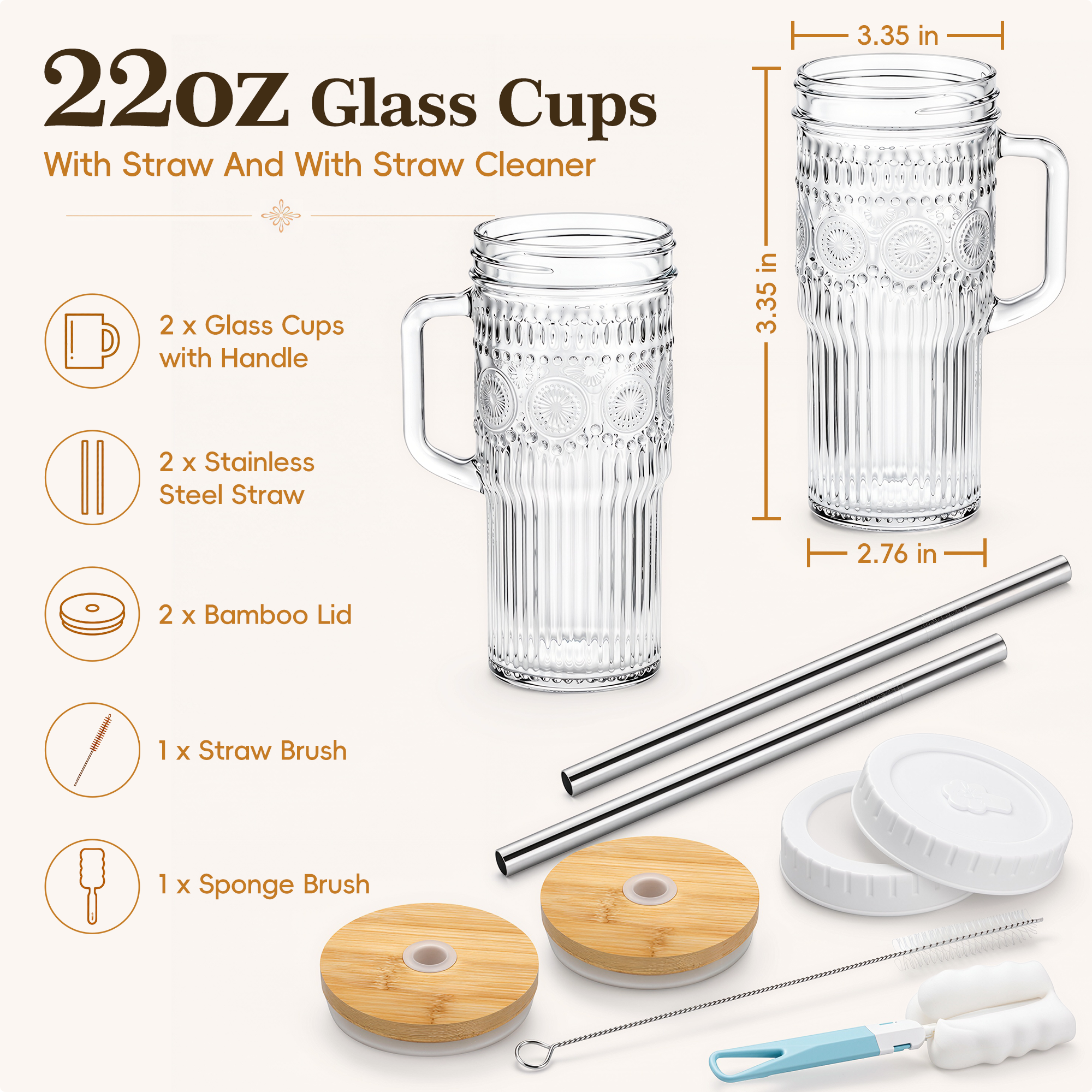 VA1KENE 22oz 2 Piece Glass Tumbler with Lids and Straws Bohemian Glass Drinking Cups with Handle for Juice Tea Smoothies
