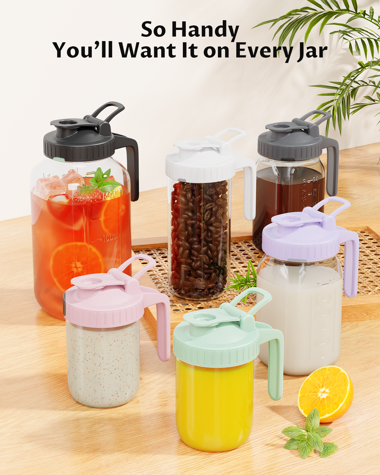 VA1KENE Wide Mouth Mason Jar Pour Spout Lid with Handle Mason Jar Pitcher Lid Flip Cap Leak Proof 4 Pack