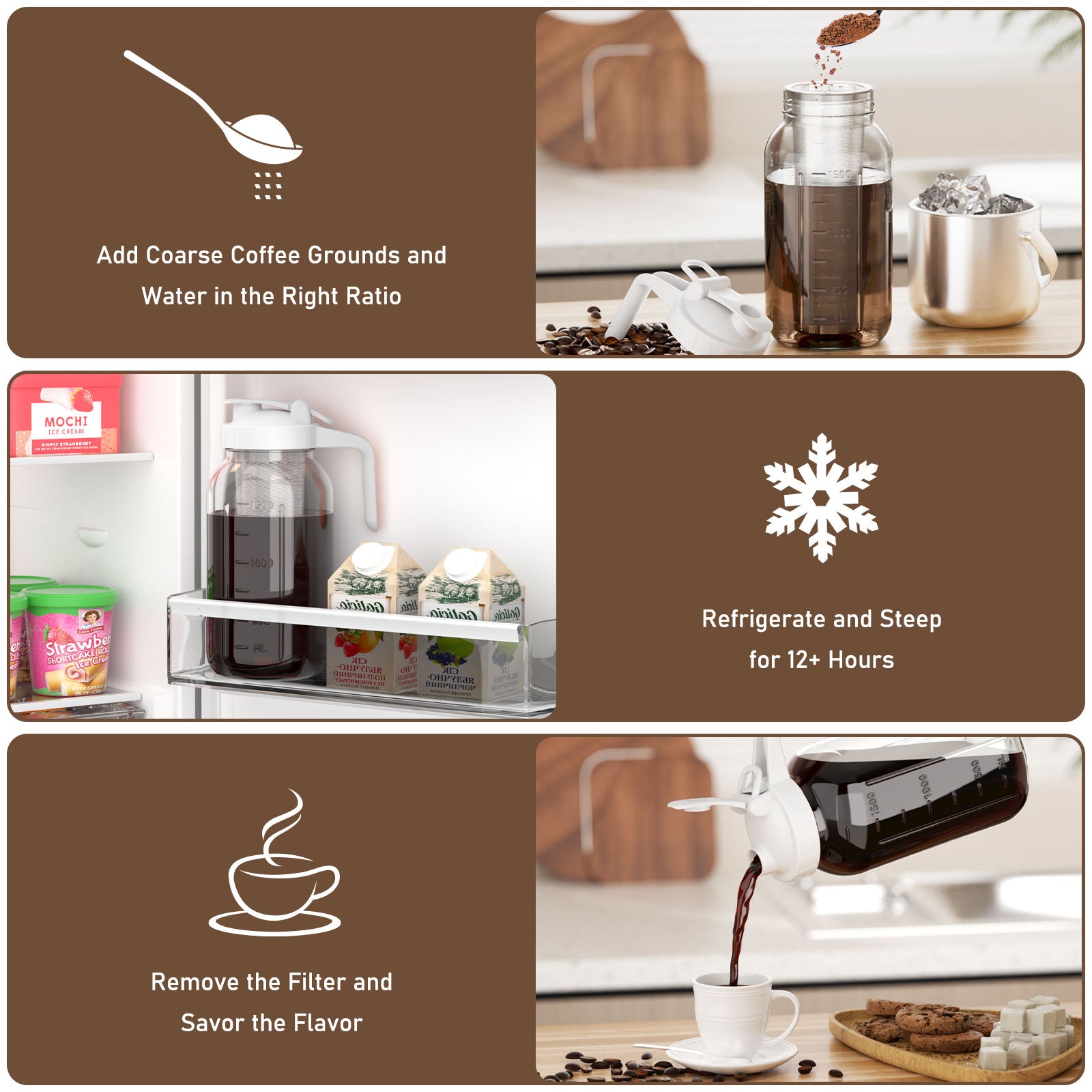VA1KENE Cold Brew Coffee Maker 64oz Cold Brew Pitcher with Stainless Steel Filter Mason Jar Pitcher Pour Spout Handle Lid for Iced Coffee Tea Lemonade White