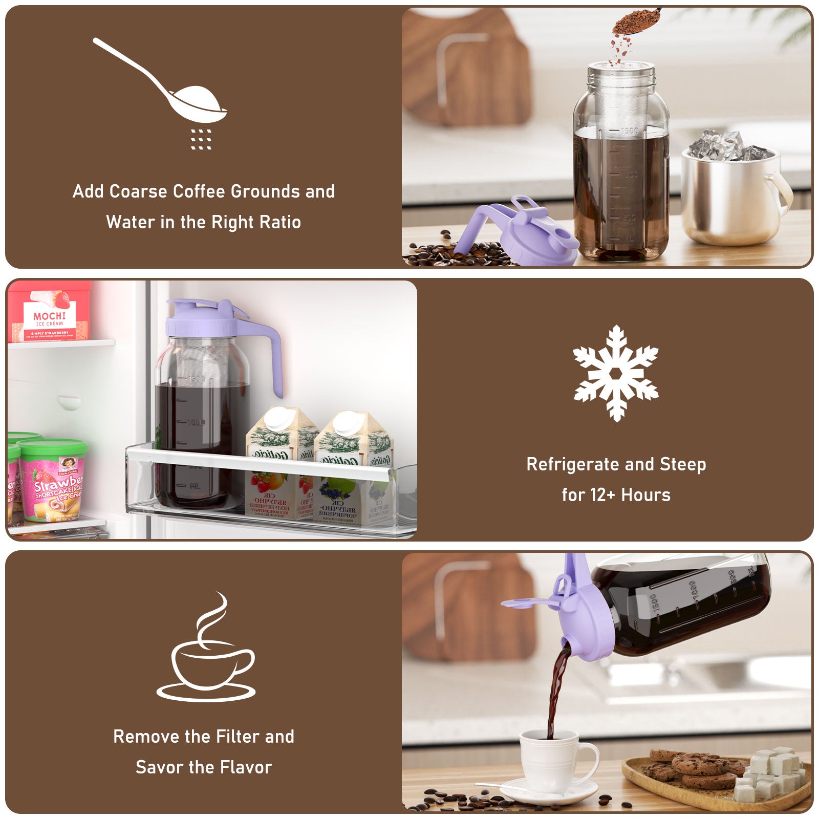 VA1KENE Cold Brew Coffee Maker 64oz Cold Brew Pitcher with Stainless Steel Filter Mason Jar Pitcher Pour Spout Handle Lid for Iced Coffee Tea Lemonade Purple