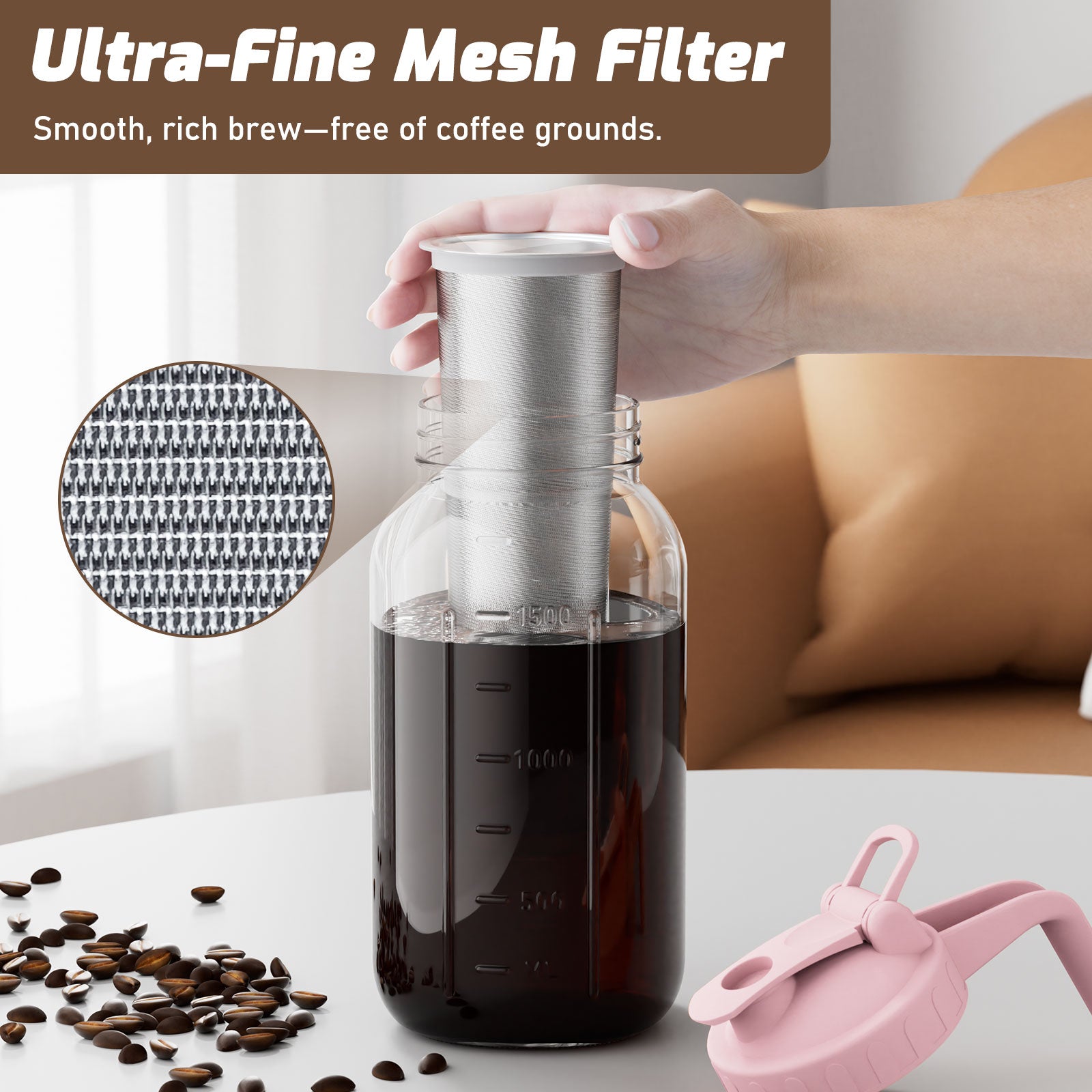 VA1KENE Cold Brew Coffee Pitcher 64oz Cold Brew Maker with Stainless Steel Filter Mason Jar Pitcher Pour Spout Handle Lid for Iced Coffee Tea Lemonade Pink