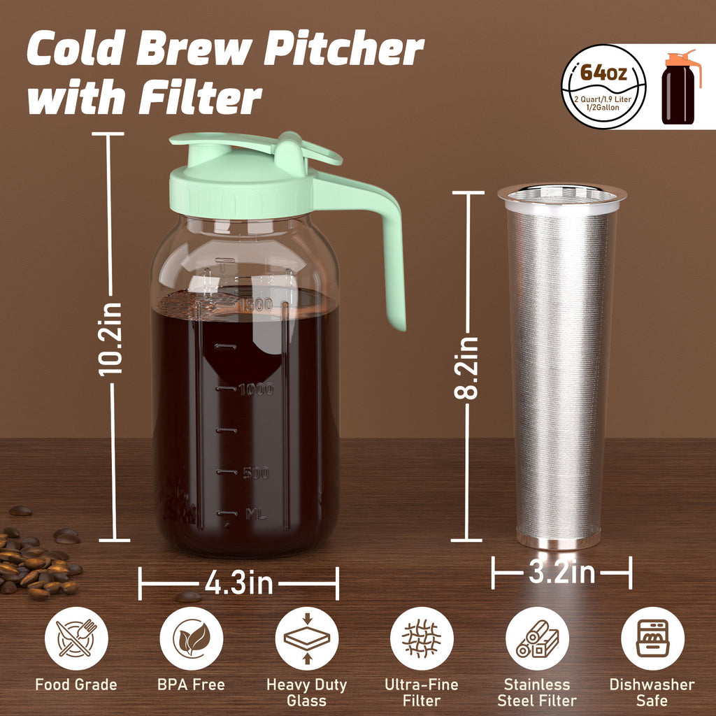 VA1KENE Cold Brew Coffee Pitcher 64oz Mason Jar Pitcher with Stainless Steel Filter Pour Spout Handle Lid Cold Brew Pitcher for Iced Coffee Tea Lemonade Green
