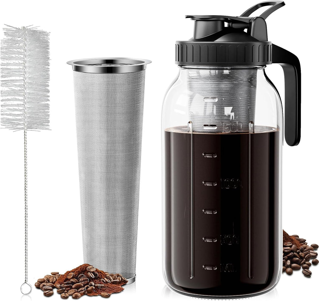64oz Cold Brew Coffee Maker – Mason Jar Pitcher with Stainless Steel Filter, Leakproof Lid & Easy Pour Spout for Iced Coffee & Tea