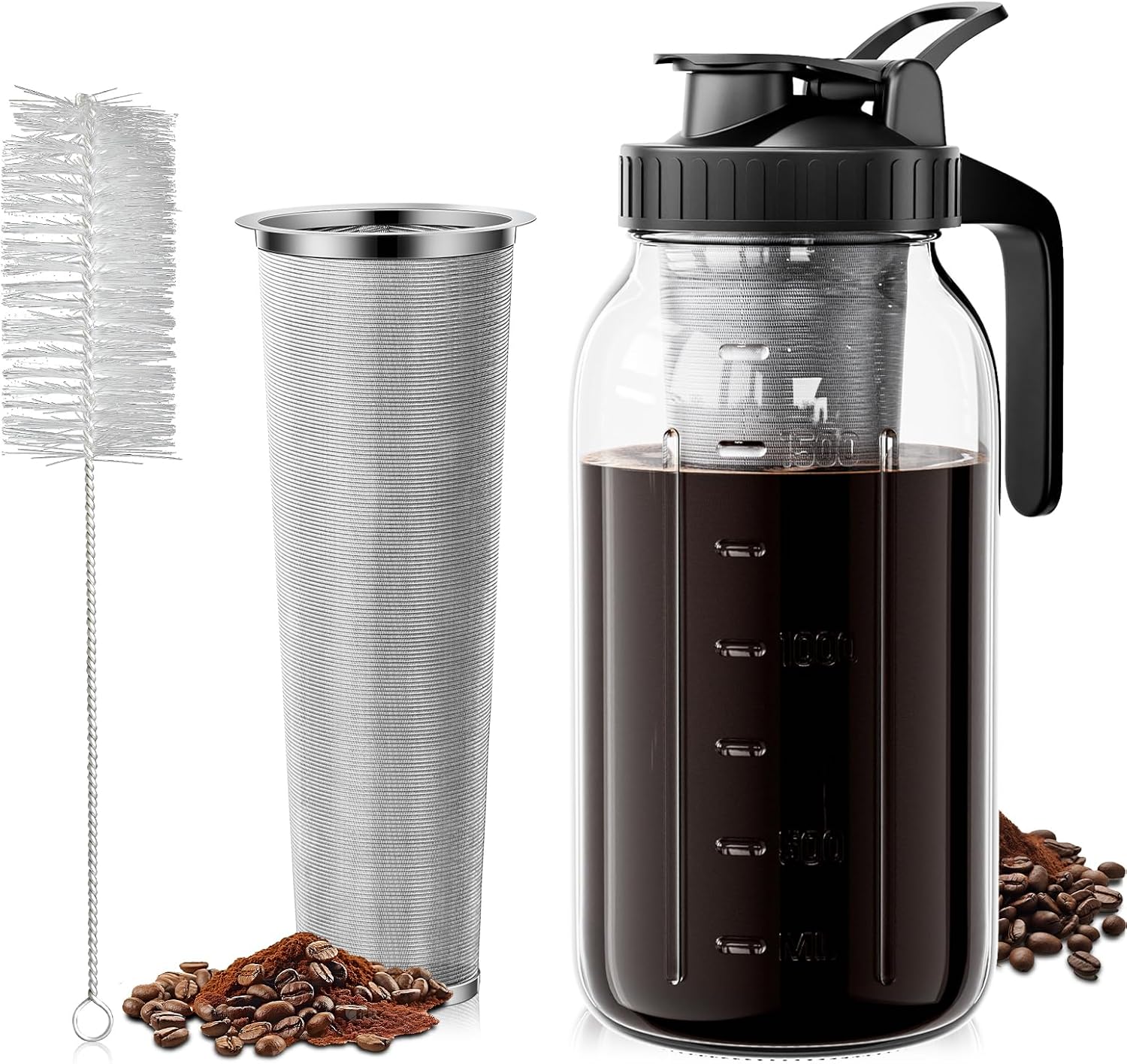 64oz Cold Brew Coffee Maker – Mason Jar Pitcher with Stainless Steel Filter, Leakproof Lid & Easy Pour Spout for Iced Coffee & Tea