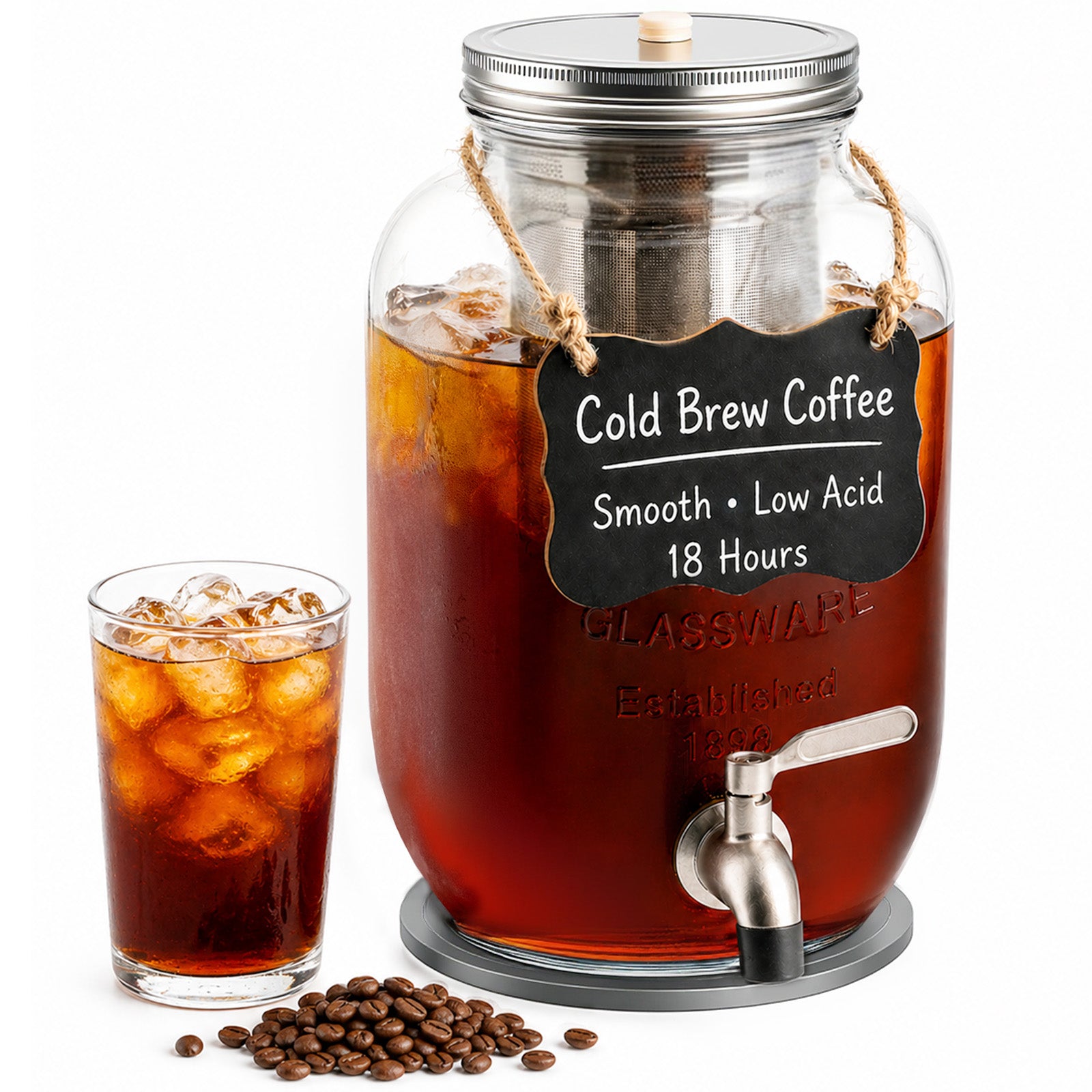 64oz Cold Brew Coffee Maker – Mason Jar Pitcher with Stainless Steel Filter, Leakproof Lid & Easy Pour Spout for Iced Coffee & Tea