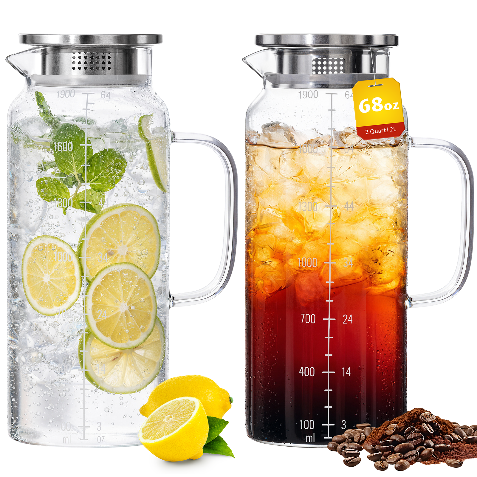 68oz Borosilicate Glass Pitcher with Lid & Handle – Heat Resistant Carafe for Hot & Cold Drinks, Iced Tea, Coffee & Fridge Storage