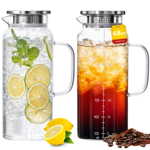 68oz Borosilicate Glass Pitcher with Lid & Handle – Heat Resistant Carafe for Hot & Cold Drinks, Iced Tea, Coffee & Fridge Storage
