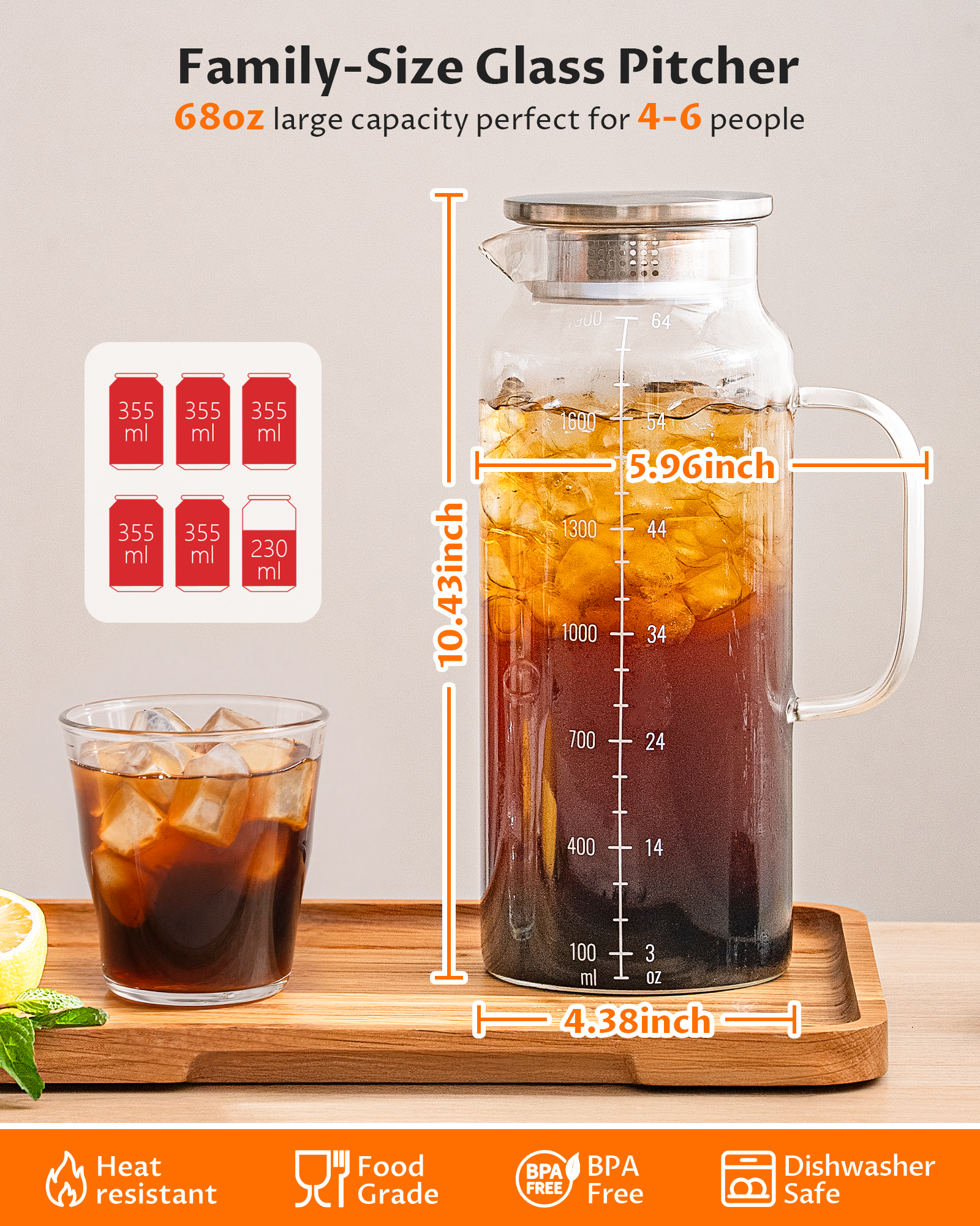 68oz Borosilicate Glass Pitcher with Lid & Handle – Heat Resistant Carafe for Hot & Cold Drinks, Iced Tea, Coffee & Fridge Storage
