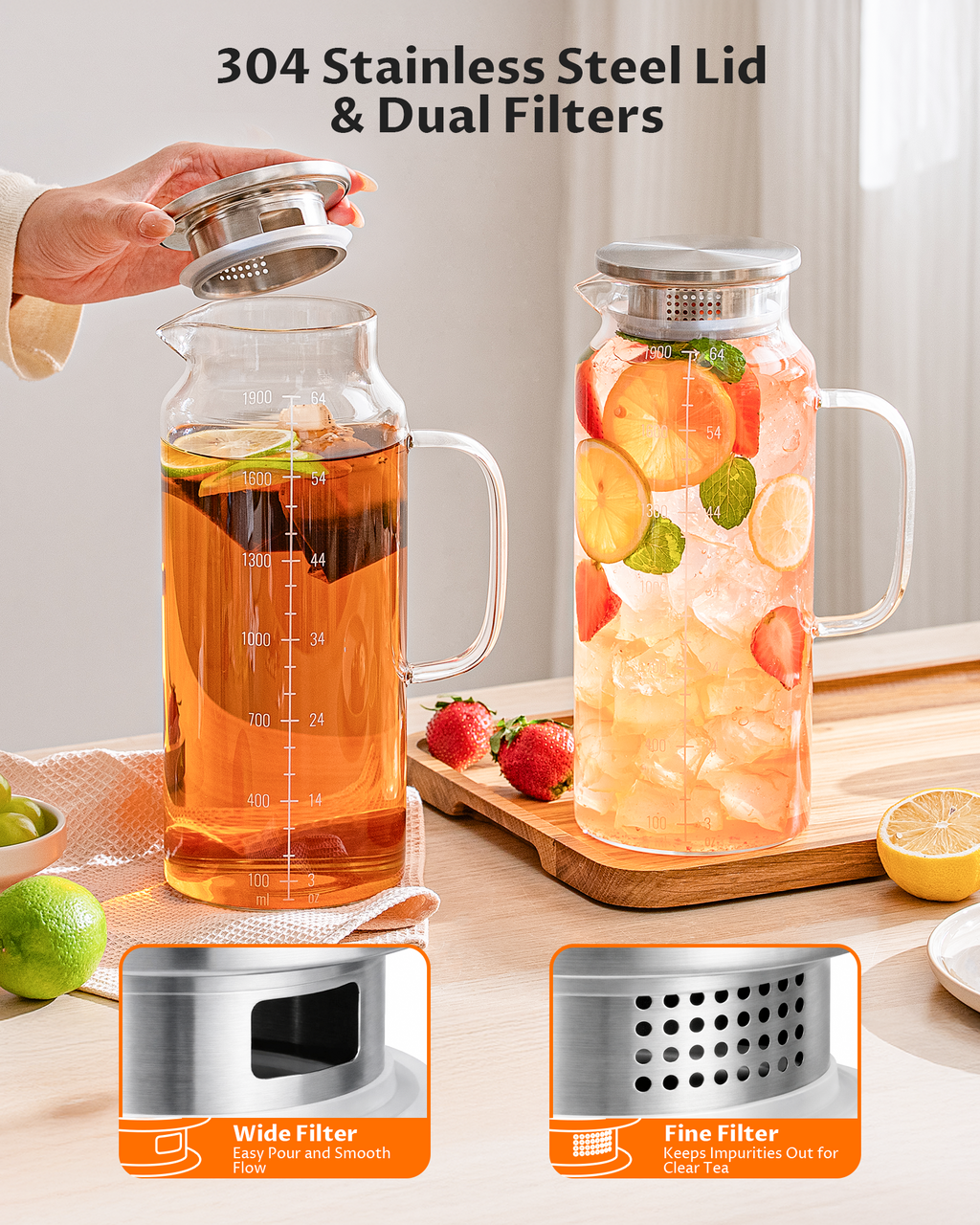 68oz Borosilicate Glass Pitcher with Lid & Handle – Heat Resistant Carafe for Hot & Cold Drinks, Iced Tea, Coffee & Fridge Storage