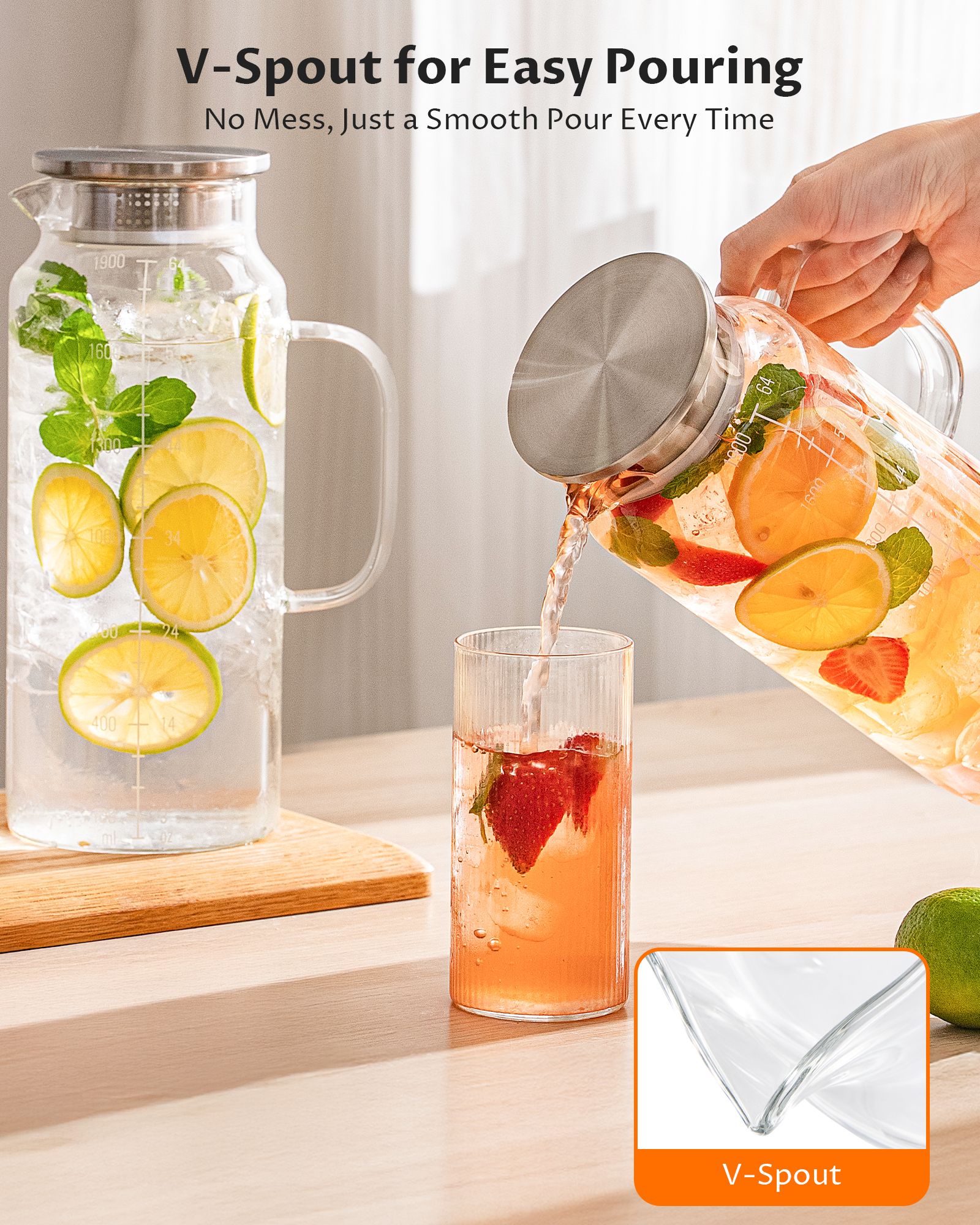 68oz Borosilicate Glass Pitcher with Lid & Handle – Heat Resistant Carafe for Hot & Cold Drinks, Iced Tea, Coffee & Fridge Storage