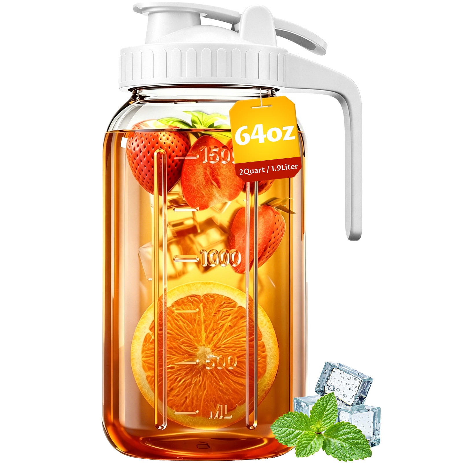 64oz Mason Jar Pitcher with Lid – Leakproof Glass Pitcher for Cold Brew, Iced Tea, Sun Tea & Fridge Storage | 2 Quart (1/2 Gallon)