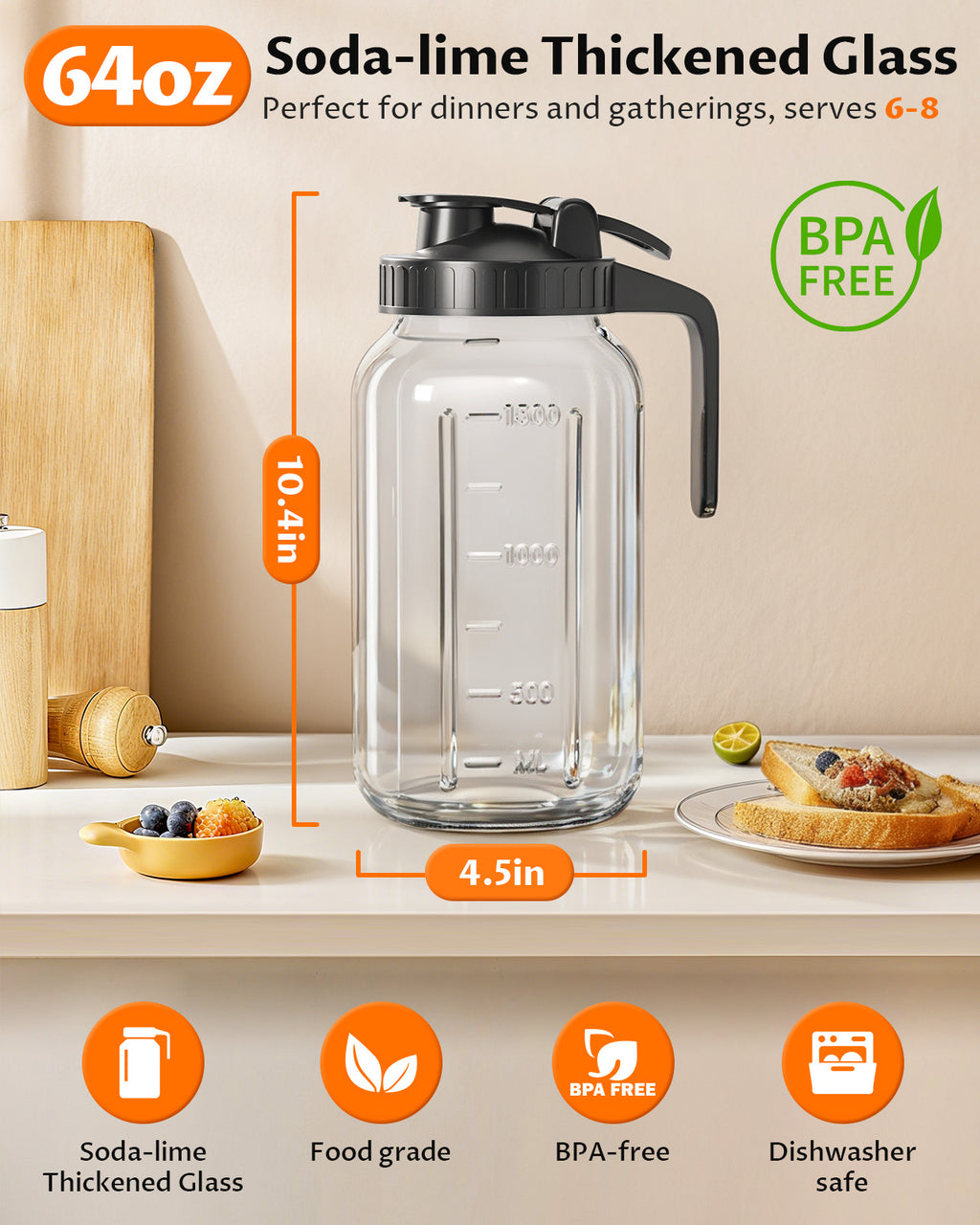 64oz Mason Jar Pitcher with Lid – Leakproof Glass Pitcher for Cold Brew, Iced Tea, Sun Tea & Fridge Storage | 2 Quart (1/2 Gallon)