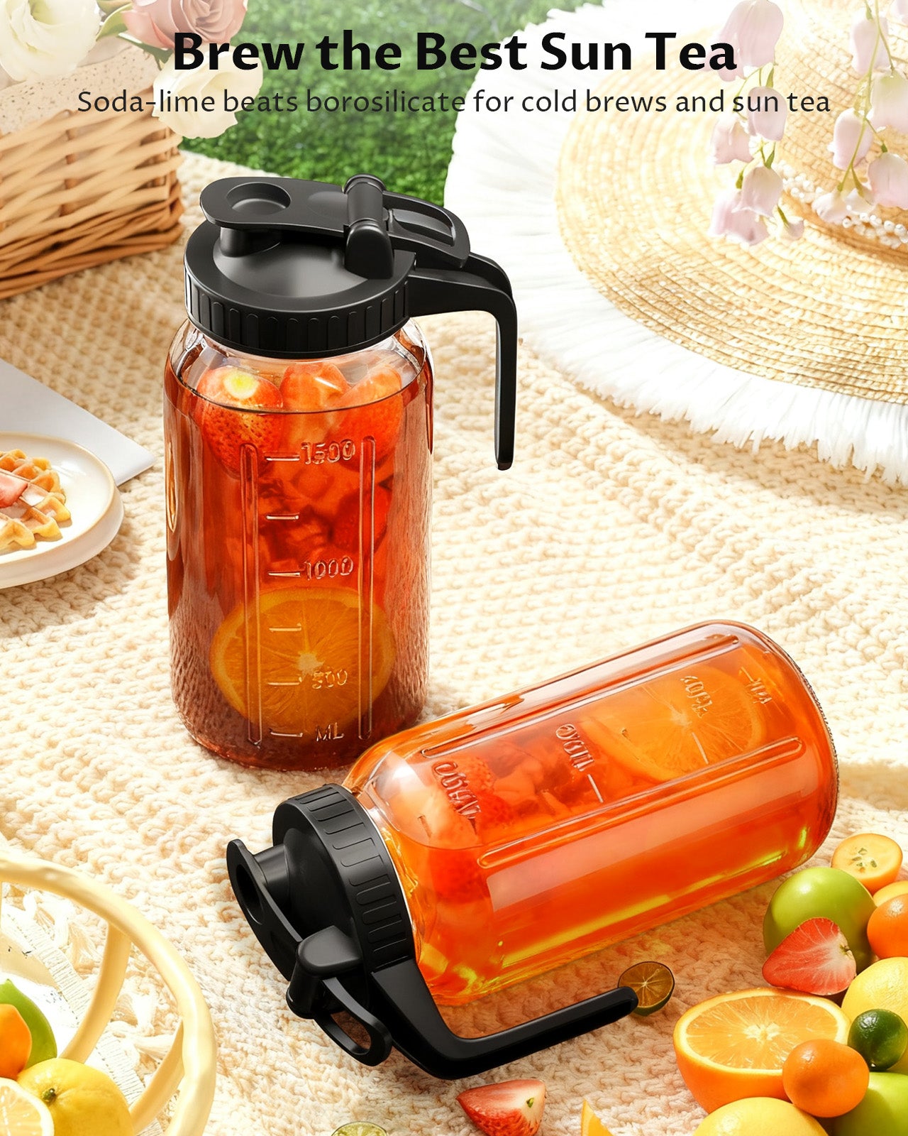 64oz Mason Jar Pitcher with Lid – Leakproof Glass Pitcher for Cold Brew, Iced Tea, Sun Tea & Fridge Storage | 2 Quart (1/2 Gallon)