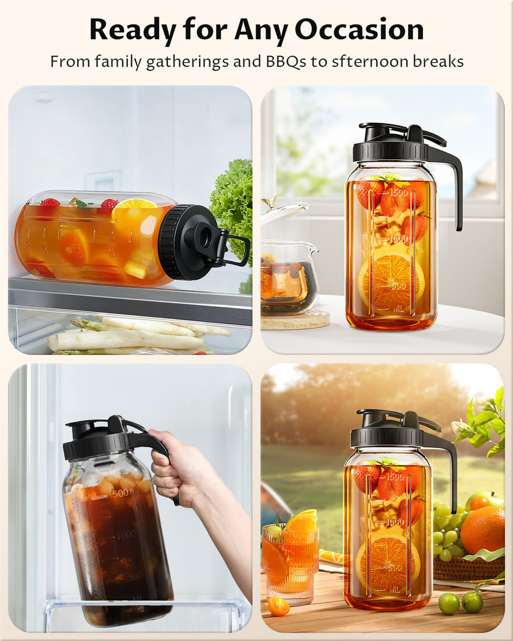 64oz Mason Jar Pitcher with Lid – Leakproof Glass Pitcher for Cold Brew, Iced Tea, Sun Tea & Fridge Storage | 2 Quart (1/2 Gallon)