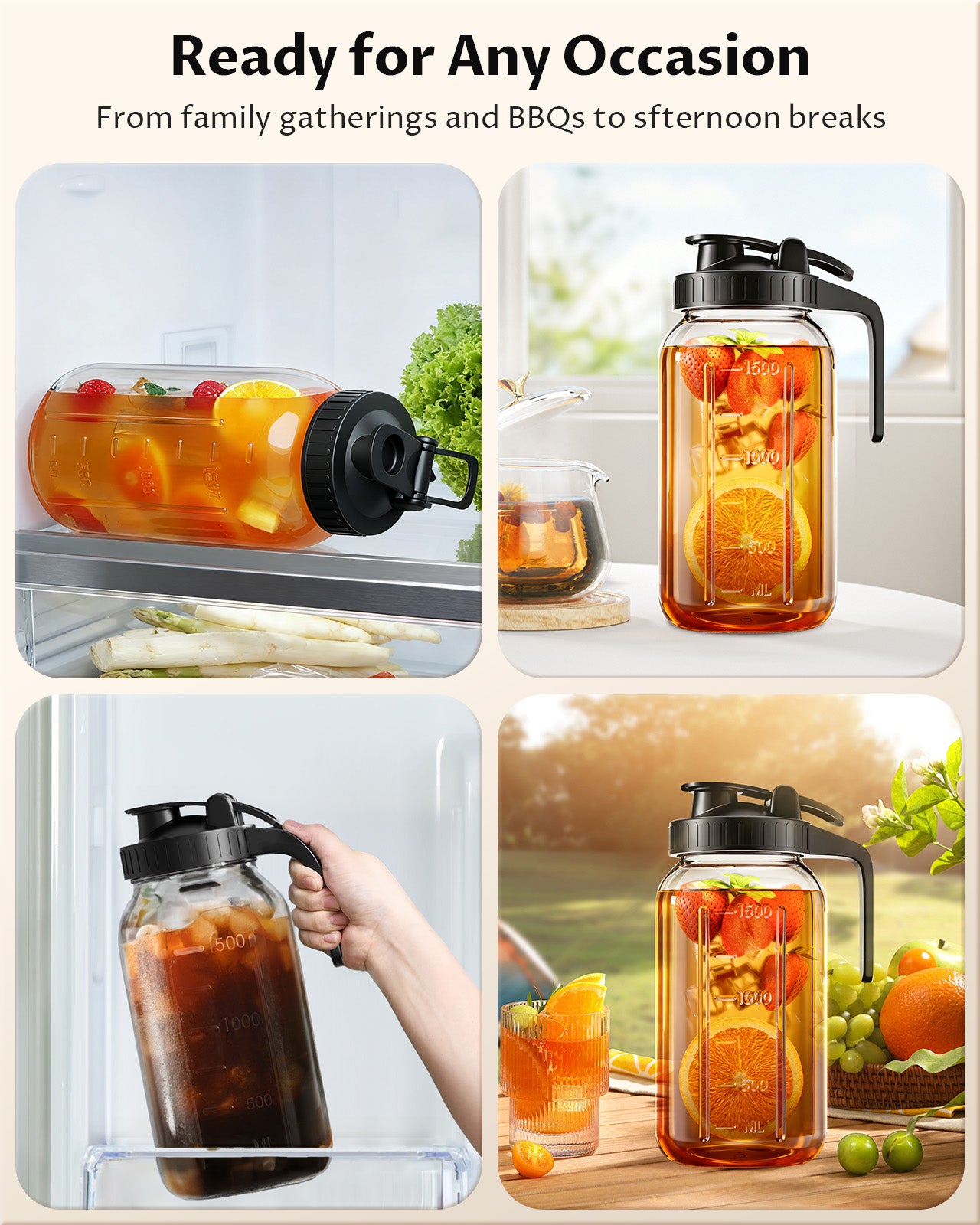 64oz Mason Jar Pitcher with Lid – Leakproof Glass Pitcher for Cold Brew, Iced Tea, Sun Tea & Fridge Storage | 2 Quart (1/2 Gallon)